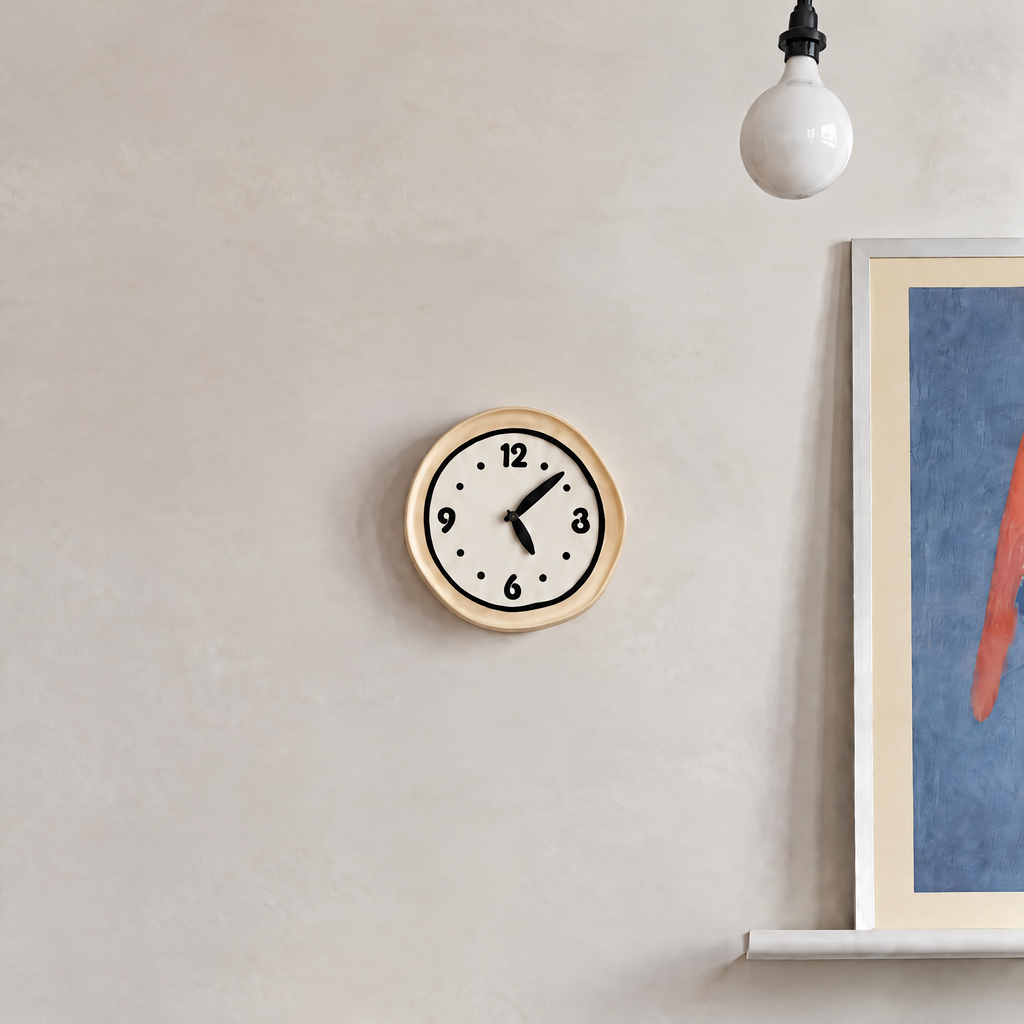 A round wall clock with a light wood ceramic and white face hangs on a textured beige wall in a modern living room setting with a black leather sofa, a paper lantern lamp, and abstract wall art.